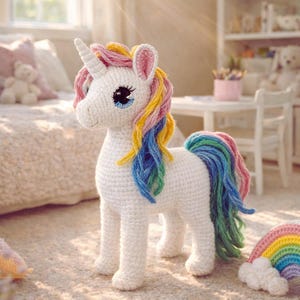 Könnte beinhalten: Ein weißes Häkel-Einhorn mit langem Horn, blauen Augen und bunter Mähne und Schweif. Das Einhorn steht auf einem hellen Teppich neben einem regenbogenförmigen Kissen. Der Hintergrund umfasst ein Bett, einen kleinen Tisch und ein Bücherregal.