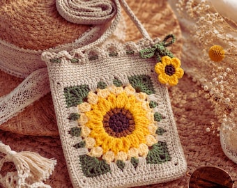 Sunflower Crochet Bag Kit, Granny Square Crochet Kit, DIY Crochet Purse Kit, Beginner Crochet Project, Handmade Gift