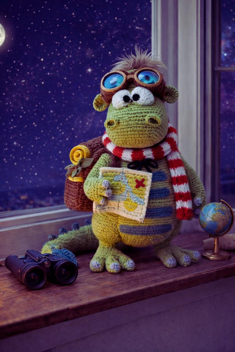 Peut inclure: Une figurine de dragon au crochet, portant des lunettes, une &eacute;charpe et un sac &agrave; dos, tenant une carte. Un petit globe et des jumelles sont &agrave; proximit&eacute;. Le dragon est vert, jaune et bleu, avec une &eacute;charpe ray&eacute;e rouge et blanche. Le fond est un ciel &eacute;toil&eacute;.