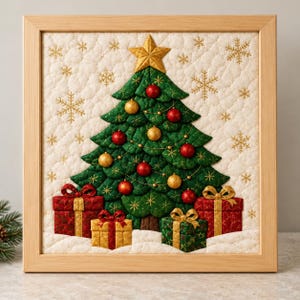 Könnte beinhalten: Ein quadratischer, gesteppter Wandbehang in einem hellen Holzrahmen mit einem grünen Stoff-Weihnachtsbaum, einem goldenen Stern, roten und goldenen Kugeln sowie goldenen Schneeflocken auf cremefarbenem Grund und vier Geschenkpaketen.