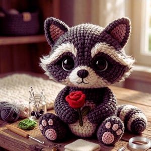 Peut inclure: Une poupée raton laveur au crochet faite à la main, dans des tons de gris, blanc et noir, tenant une rose rouge. La poupée a de grands yeux expressifs et est assise sur une surface en bois. Des fournitures de crochet, dont du fil et des aiguilles, sont visibles.