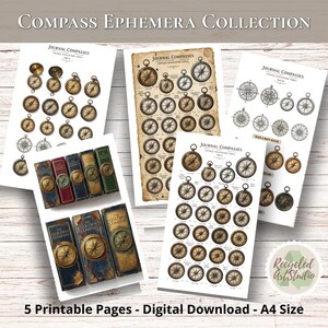 Op de afbeelding: Een verzameling van vijf printbare vellen met vintage-stijl kompasillustraties en boekrugontwerpen met het label Journal Compasses. De pagina's bevatten diverse cirkelvormige navigatiehulpmiddelen in goud, bruin en zwart-wit inktontwerpen.