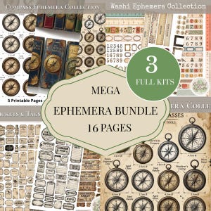 May include: A mega ephemera bundle featuring 16 pages of printable paper craft materials. The collection includes vintage-style compass illustrations, washi tape designs, numbered labels, tickets, tags, and various nautical-themed graphics.