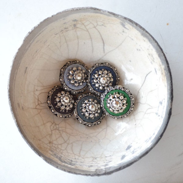 Vintage cut steel buttons with colored resin - 5 pieces