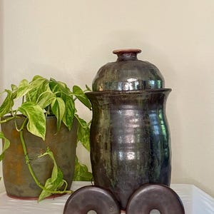 May include: A dark green ceramic jar with a lid, alongside two dark brown ceramic arch-shaped objects. A potted plant with green and yellow leaves is on the left. The jar has a textured surface and a brown rim.