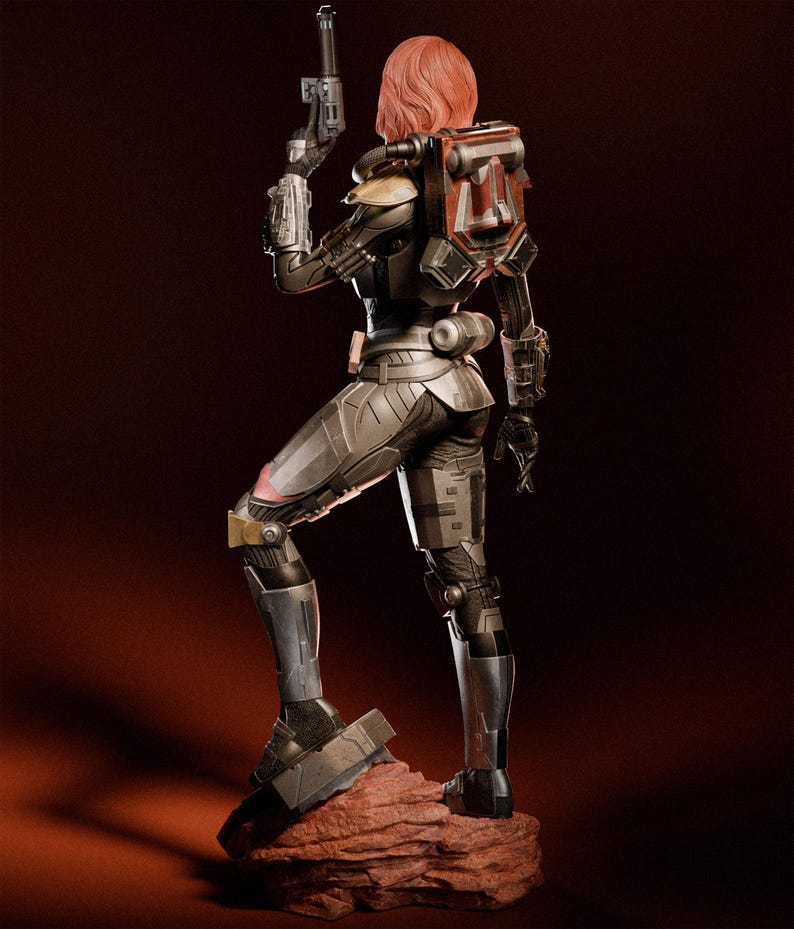 May include: A detailed figurine of a female warrior in futuristic armor, holding a blaster pistol. The figure has red hair and a backpack with red accents. The armor is primarily gray and black, standing on a reddish-brown rock base.