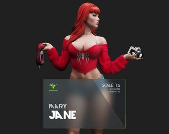 Peut inclure: Figurine de collection en résine à l'échelle 1:6 de Mary Jane, avec des cheveux roux et un haut rouge à épaules dénudées avec un emblème d'araignée. Elle tient un appareil photo et un masque de Spider-Man. La figurine est sur fond sombre.