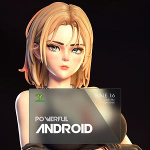 May include: A 1:6 scale collectible figure of a female android with blonde hair and blue eyes. The figure holds a box with the words "POWERFUL ANDROID" in white text. The figure is wearing a black outfit.