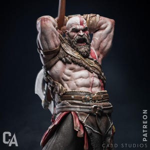 May include: A detailed figurine of a muscular, bearded man with red tattoos, wearing a leather and fur outfit, holding a large axe. The figurine is posed in a dynamic, action-ready stance.