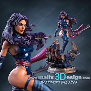 May include: A blue and purple action figure of a female superhero with long purple hair. She is holding a sword and standing on a base with a mechanical design. The base is black with a silver rim. The figure is posed in a dynamic action pose. The text "www.malix3design.com 3D PRINTING STL FILES" is printed on the base.