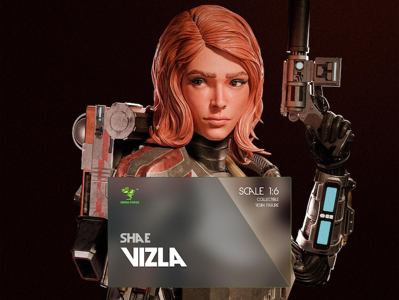 May include: A collectible resin figure of Shae Vizla, a character with red hair, holding a blaster. The figure is 1:6 scale. The box in front of the figure has the character's name and the manufacturer's logo.