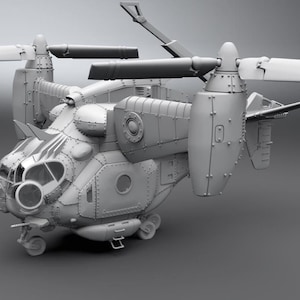 Puede incluir: Un modelo detallado de un helicóptero futurista con un acabado gris metálico. El helicóptero tiene un cuerpo grande y redondo con múltiples ventanas y una cola larga y delgada.