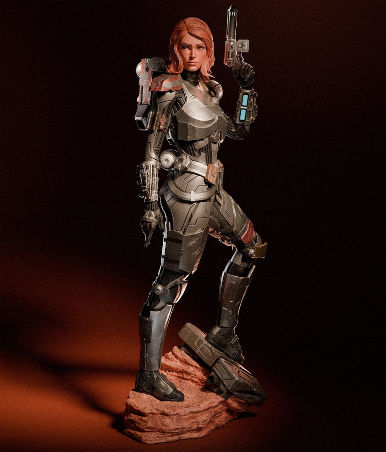 May include: A detailed figurine of a female character in futuristic armor, holding a gun. The figure is predominantly silver and gray with red accents, standing on a reddish-brown rock formation. The character has red hair and a determined expression.