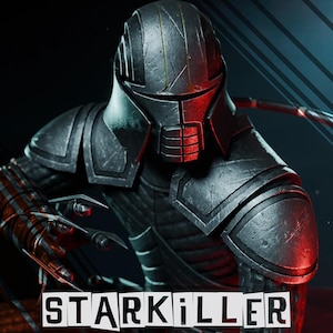 May include: A detailed, metallic grey Starkiller figure, with a helmet and armour. The figure has a red accent on the helmet and the word "STARKILLER" in white block letters at the bottom. The figure is from "MINIS FORGE".
