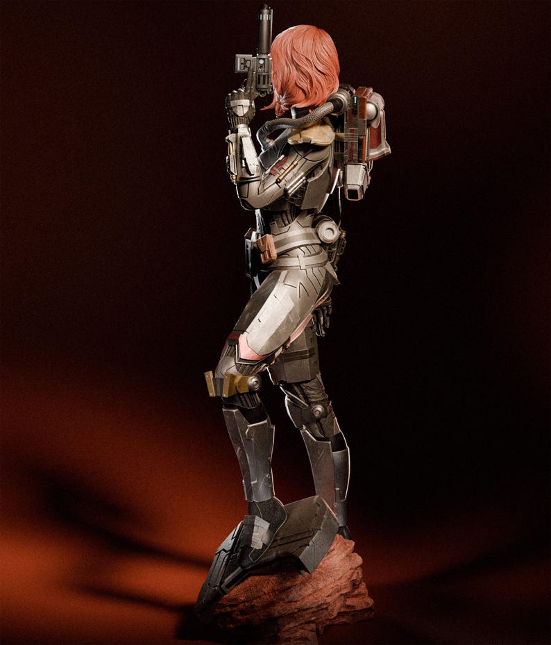 May include: A detailed figurine of a female character in futuristic armor, holding a gun. The figure has red hair and is posed on a rocky base. The armor is primarily silver and black with gold and pink accents. A backpack is visible on the back.