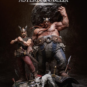 Op de afbeelding: Een set figuren met Asterix en Obelix, twee iconische personages uit de Asterix-stripreeks. De set bevat een grote, gespierde Obelix die een grote rots vasthoudt, een kleinere Asterix die een zwaard vasthoudt en een kleine witte hond. De figuren zijn gemaakt van donkergrijs materiaal en hebben een realistisch uiterlijk.