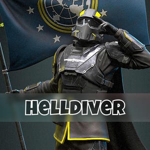 May include: A detailed action figure of a soldier in a black and grey uniform, saluting while holding a flag. The flag is dark blue with white stars and a gold emblem. The figure is labelled "HellDiver" in white text.