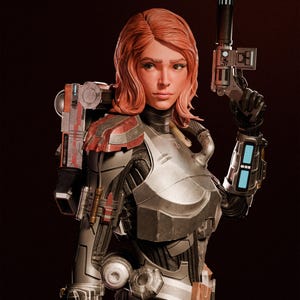 May include: A futuristic female figure with red hair, wearing a silver and black armored suit with red accents. She holds a black and silver pistol in her right hand. The image has a dark background.