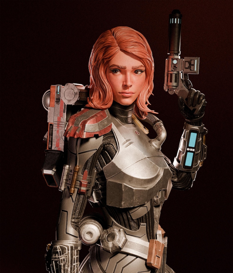 May include: A futuristic female figure with red hair, wearing a silver and black armored suit with red accents. She holds a black and silver pistol in her right hand. The image has a dark background.