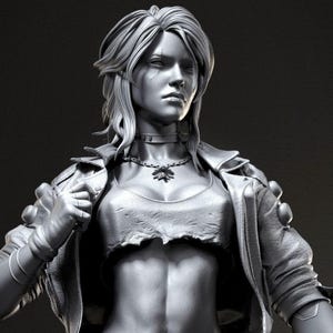 May include: A grayscale bust sculpture of a woman with short, choppy hair. She is wearing a leather jacket with a zipper and a sleeveless top. The sculpture is detailed and realistic.