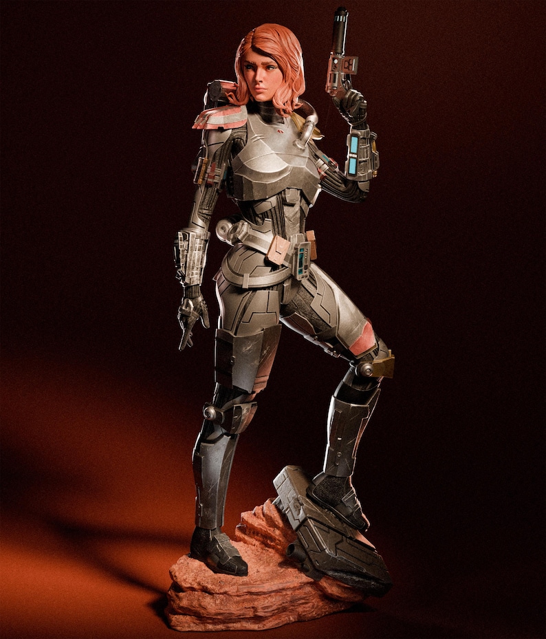 May include: A detailed figurine of a female character in futuristic armor, holding a gun. The figure is posed on a rocky base, with a dark red background. The armor is primarily gray with red and blue accents. The character has short, reddish-brown hair.