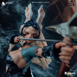 May include: A female figure with long blonde hair and bunny ears is holding a bow and arrow. She is wearing a black and blue outfit with a white collar. The background is a dark forest with smoke.