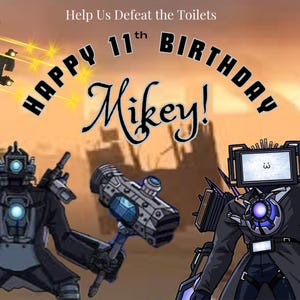 Skibidi toilet birthday party invitation and cake topper or poster decoration
