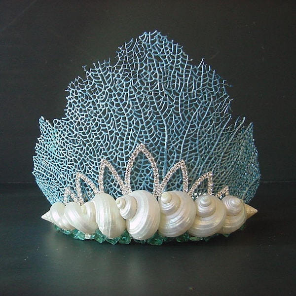 Mermaid Tiara Crown Beach Wedding or Prom, Blue Sea Fan, Seashell