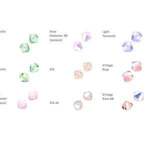 May include: Assortment of Swarovski crystal beads in various colors and finishes, including Crysolite, Rose Alabaster, Light Tanzanite, Silk, Vintage Rose, and Vintage Rose AB.