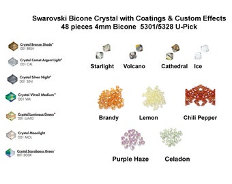 48 Genuine 4mm Swarovski 5328 5301 Bicone Crystal U-pick Custom Coatings Cathedral Brandy Celadon, Purple Haze, Vitrial, Ice, Volcano