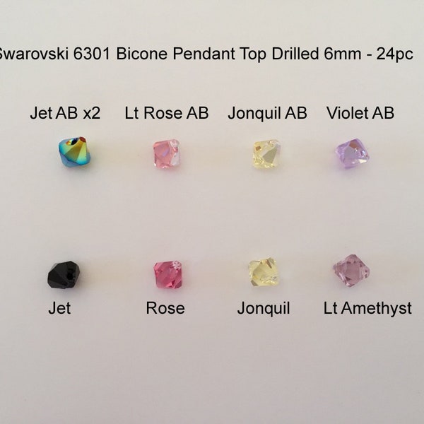 24 Swarovski 6301 6mm Top drilled Bicone Pendant Crystal Beads, 30% off Jet black, Lt Rose AB, Jonquil AB, Violet, Lt Amethyst, Wedding