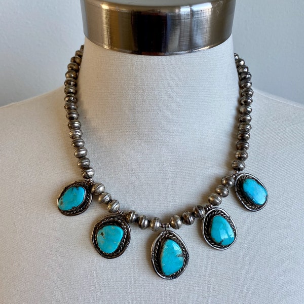 VTG Native Turquoise 18 inch Sterling Silver 5 pendant necklace, recreated from handcrafted, bench made parts, old pawn, southwest American