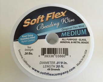 30' Soft Flex clear steel beading wire Original 49 strand Medium .019 jewelry wire, Knot Tying Stainless Steel (wc-w019030sv