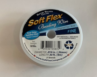 30' Soft Flex clear steel beading wire Original 21 strand fine .014 jewelry wire, Knot Tying Satin Silver (wc-w014030sv