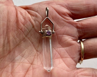 Pendentif en cristal clair à double pointe, argent, pierre améthyste, quartz de cristal, guérison, double extrémité, bélière articulée, 48 mm