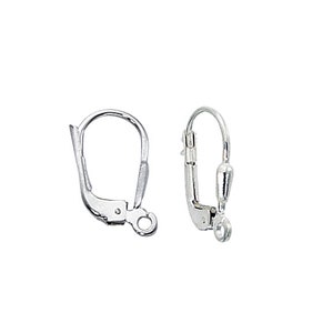 May include: Two silver-colored leverback earring findings. Each finding has a curved wire that forms the earring's main structure, with a hinged lever and a small loop for attaching a charm or earring component.
