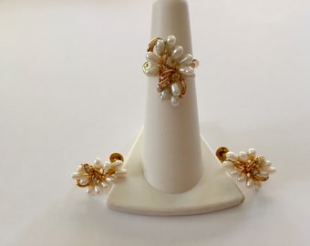 Vintage Pearl Set, 14K Yellow Gold Ring and Screw back Earrings,  Rice Pearls, Diamonds, High Luster pearls, pinky, cocktail 4.5 ring