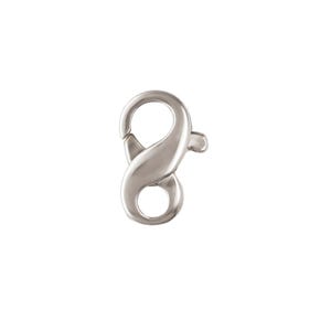 May include: A silver-colored lobster clasp, a type of jewelry finding, with a spring-loaded lever for secure closure. The clasp has a rounded top loop and a lower loop for attachment. The metal has a polished, reflective surface.