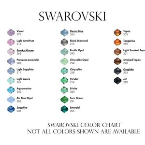 May include: A color chart for Swarovski crystals, showing a variety of colors and their corresponding numbers. The chart includes colors like violet, light amethyst, smoky mauve, denim blue, black diamond, pacific opal, chrysolite opal, chrysolite, topaz, tangerine, light smoked topaz, smoked topaz, graphite, peridot, erinite, aquamarine, air blue opal, sapphire, and emerald.