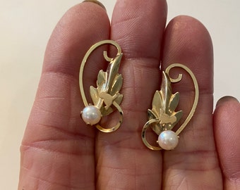 Boucles d'oreilles vissées en perles de culture remplies d'or VTG 14 carats, poinçonnés dce, excellent état, 1 7/8 po., maman oiseau de collection à porter