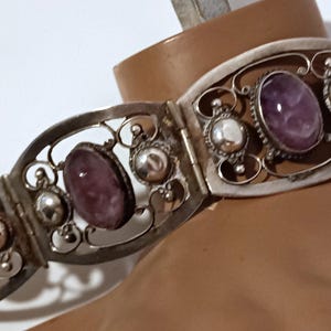Vintage Taxco Mexico Signed MM Sterling Silver Cabochon Amethyst Gemstone Openwork Wide Panel Bracelet