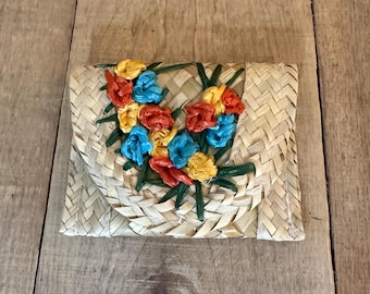 Woven Straw Coin Purse with Flowers, Vintage Woven Palm Coin Purse