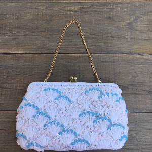 Vintage Handmade Delill Purse, White Delill Raffia Purse Made in Japan, White Raffia Purse with Pink and White Beads