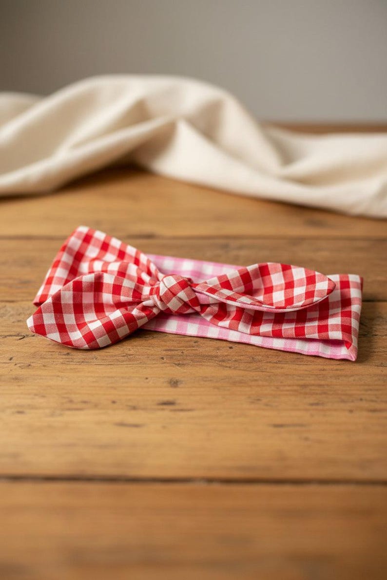 Puede incluir: Una diadema con estampado de cuadros rojos y blancos con un detalle de lazo anudado. La diadema es de tela y est&aacute; sobre una superficie de madera. Un pa&ntilde;o blanco en el fondo.