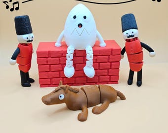 May include: A whimsical scene featuring a white egg character sitting on a red brick wall, flanked by two toy soldiers in red and black uniforms. A brown horse toy is at the bottom. The text "Humpty Dumpty Sat On A Wall" is arched above.