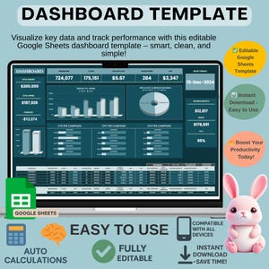 Dashboard Template Google Sheets, Editable KPI Tracker and Visual Report for Business Data Management and Performance