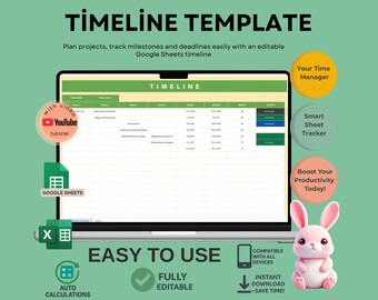 Timeline Template for Project Planning, Editable Google Sheets, Digital Download