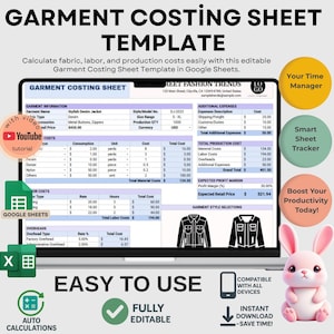 May include: A laptop screen shows a garment costing sheet template. The template includes sections for garment information, labour costs, and overheads. Icons for YouTube, Google Sheets, and auto calculations are also visible. A pink bunny is in the bottom right corner.