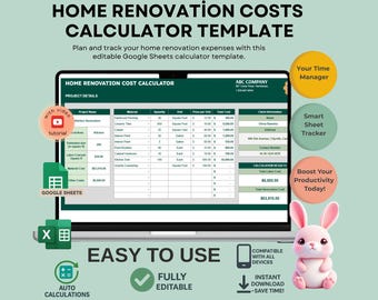 Home Renovation Cost Calculator, Google Sheets Budget Planner (Digital Download)