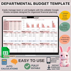 May include: A laptop screen displays a departmental budget template in a spreadsheet format. The template includes sections for summary, category, budget, actual, and variance. Text on the screen reads "DEPARTMENTAL BUDGET TEMPLATE" and "EASY TO USE". A cute pink bunny is on the right.